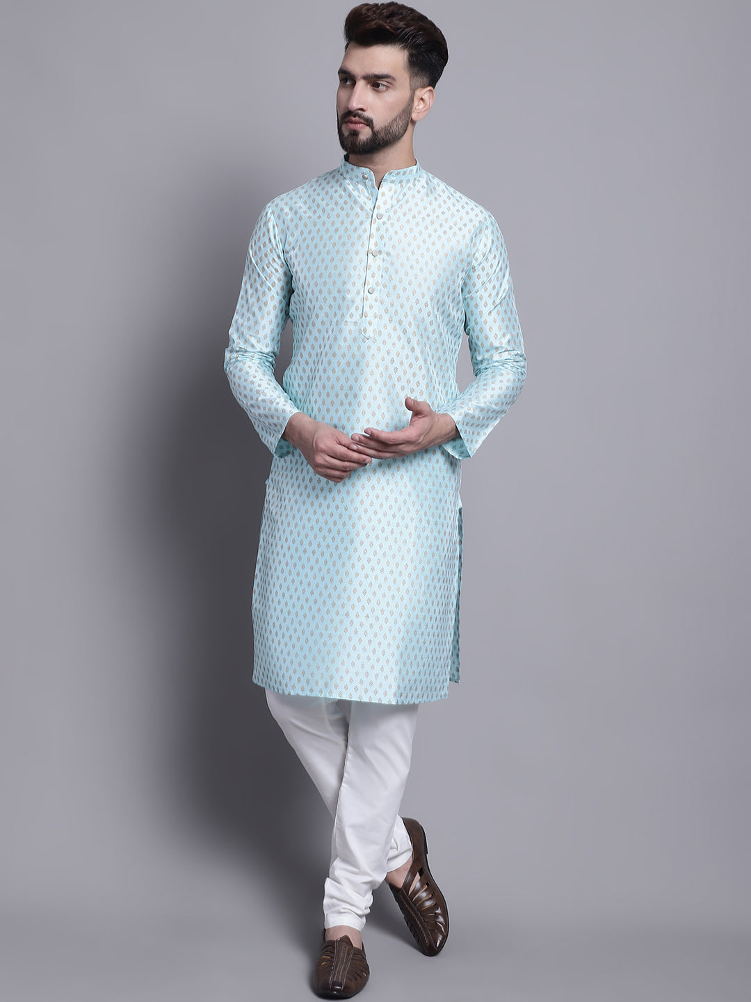 Men's Silk Blend Sky Blue Printed Kurta and Off White Pyjama Set