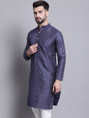 Men's Silk Blend Navy Blue Printed Long Kurta