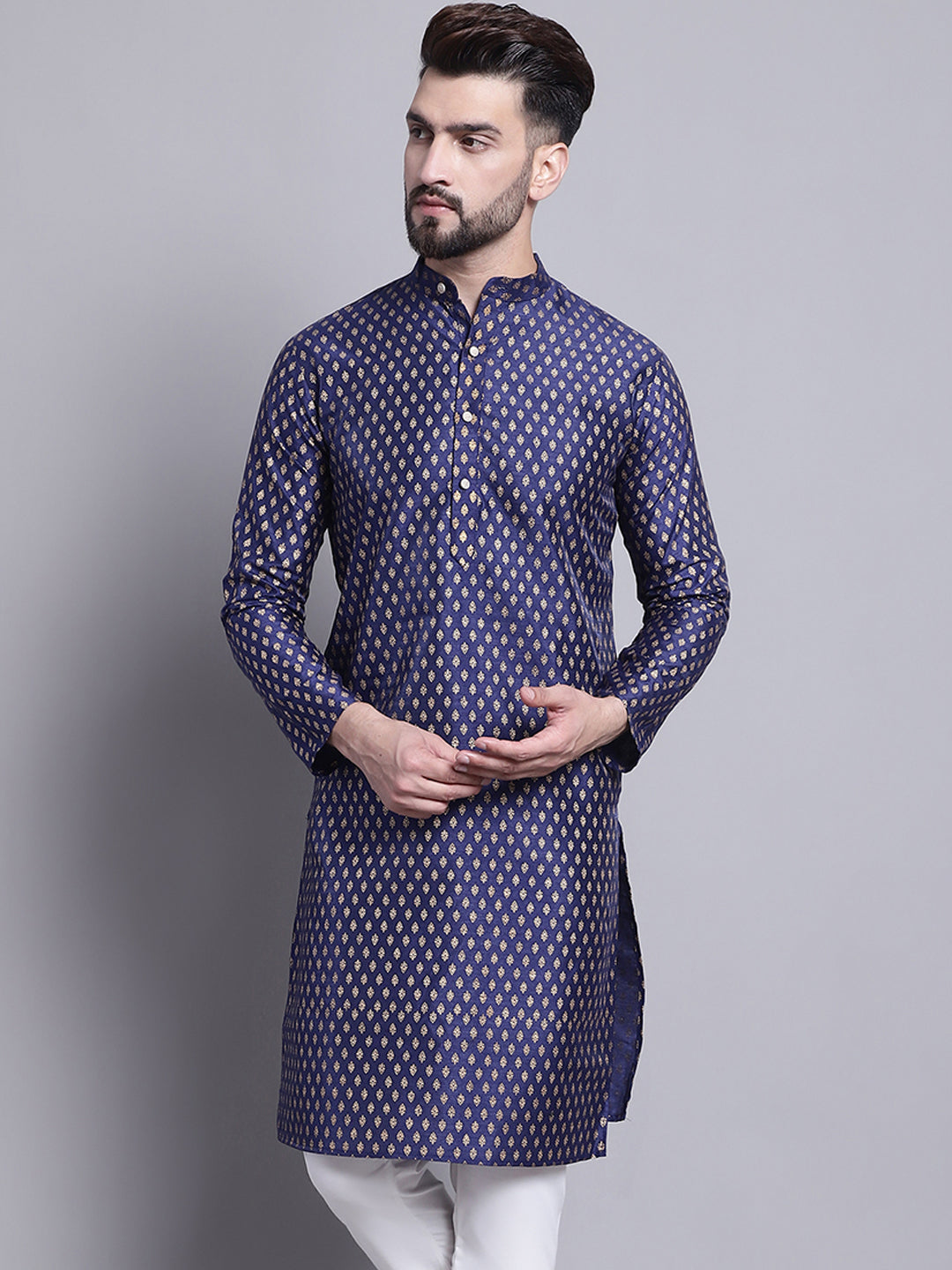 Men's Silk Blend Navy Blue Printed Long Kurta