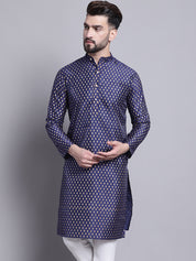 Men's Silk Blend Navy Blue Printed Long Kurta