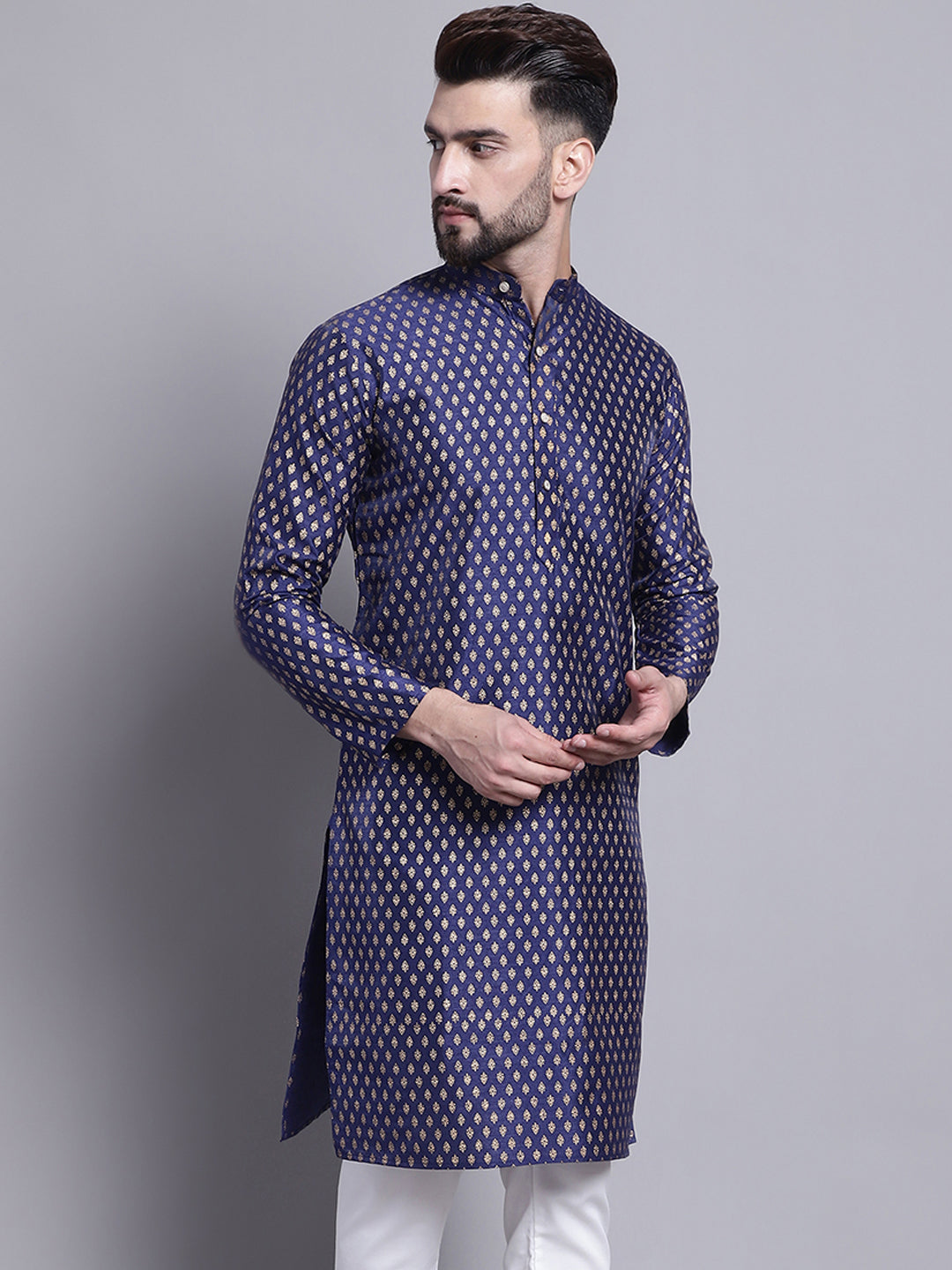 Men's Silk Blend Navy Blue Printed Long Kurta