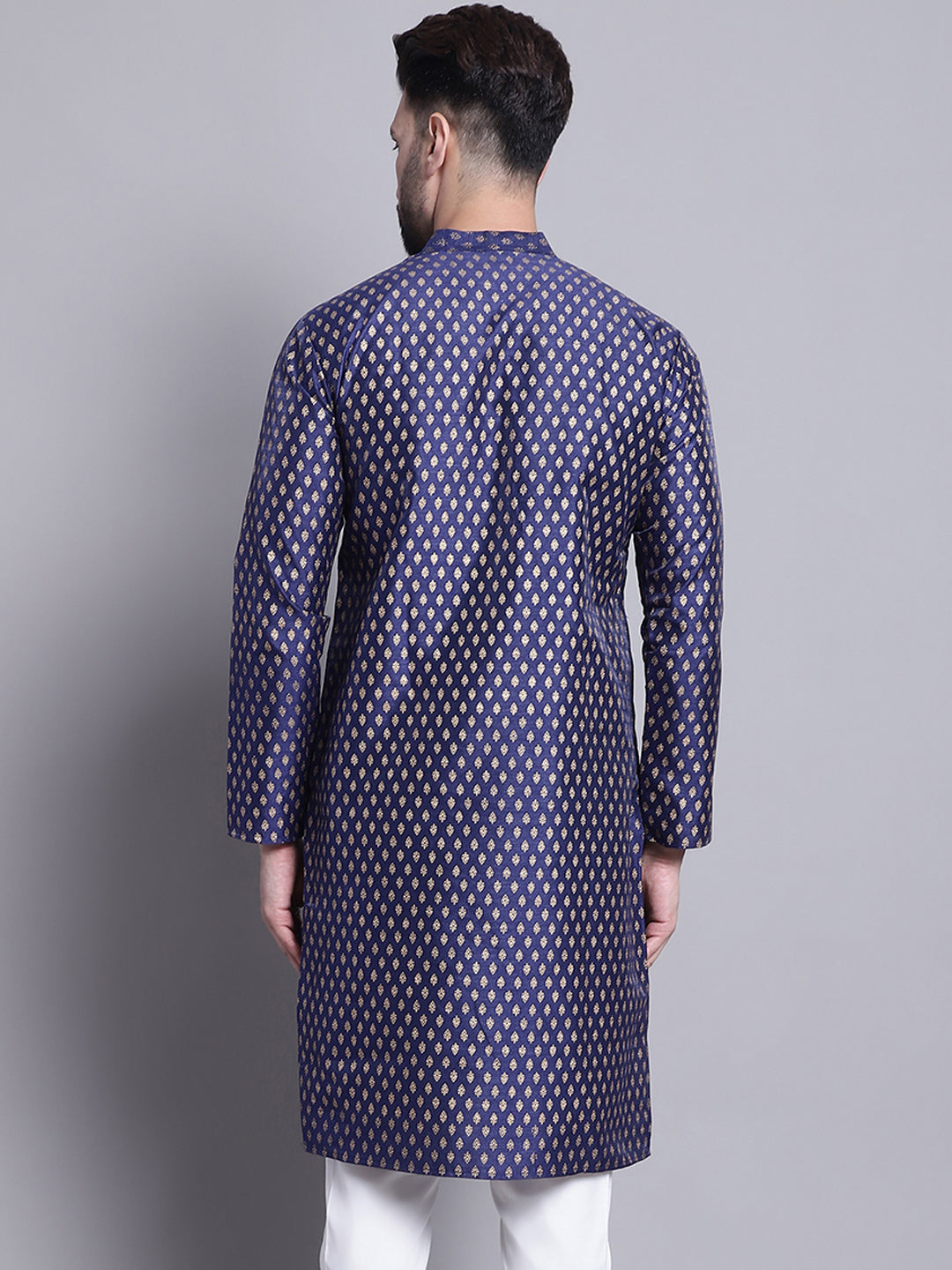 Men's Silk Blend Navy Blue Printed Long Kurta