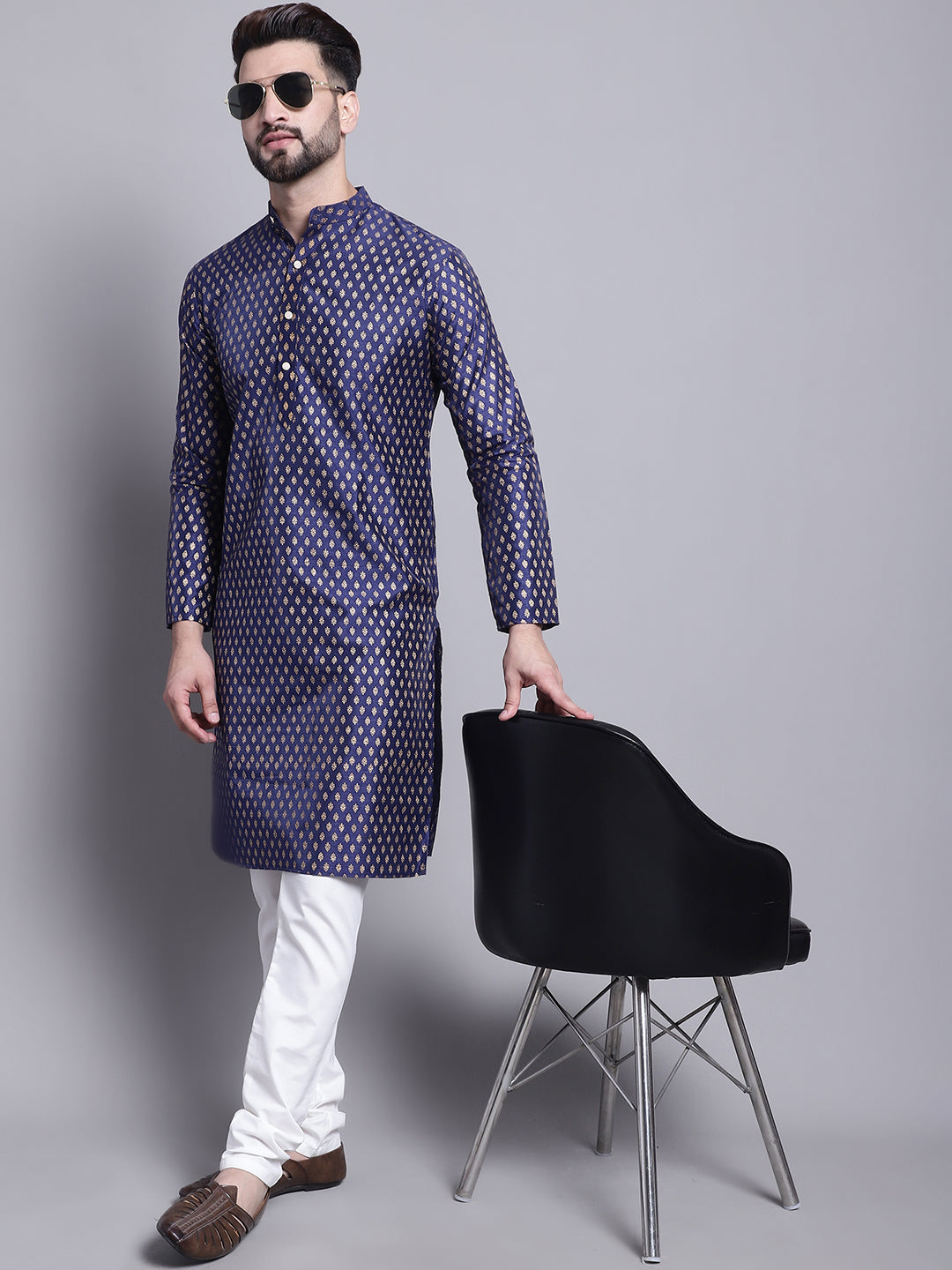 Men's Silk Blend Navy Blue Printed Long Kurta