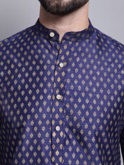 Men's Silk Blend Navy Blue Printed Long Kurta