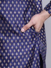 Men's Silk Blend Navy Blue Printed Long Kurta