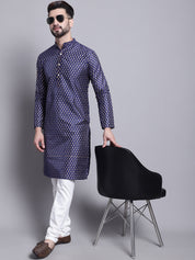 Men's Silk Blend Navy Blue Printed Kurta and Off White Pyjama Set