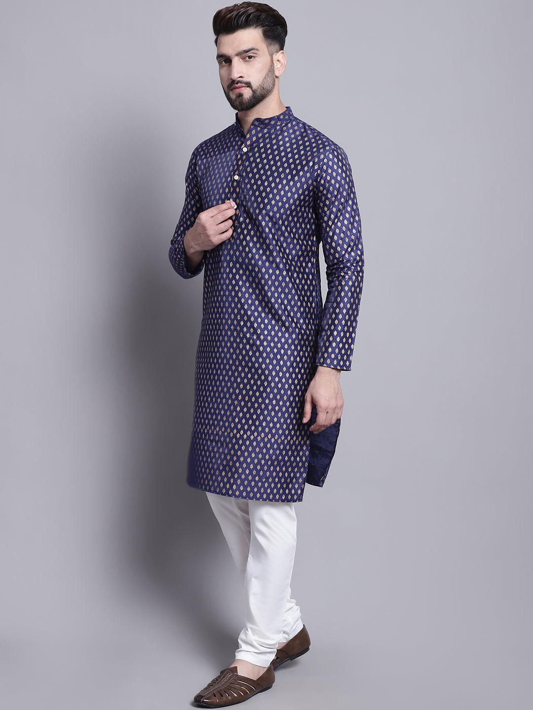 Men's Silk Blend Navy Blue Printed Kurta and Off White Pyjama Set