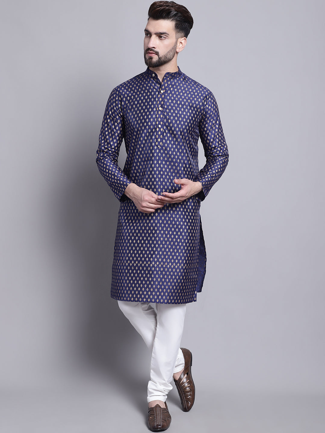 Men's Silk Blend Navy Blue Printed Kurta and Off White Pyjama Set