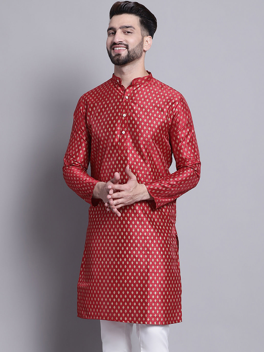 Men's Silk Blend Maroon Printed Long Kurta