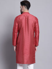 Men's Silk Blend Maroon Printed Long Kurta