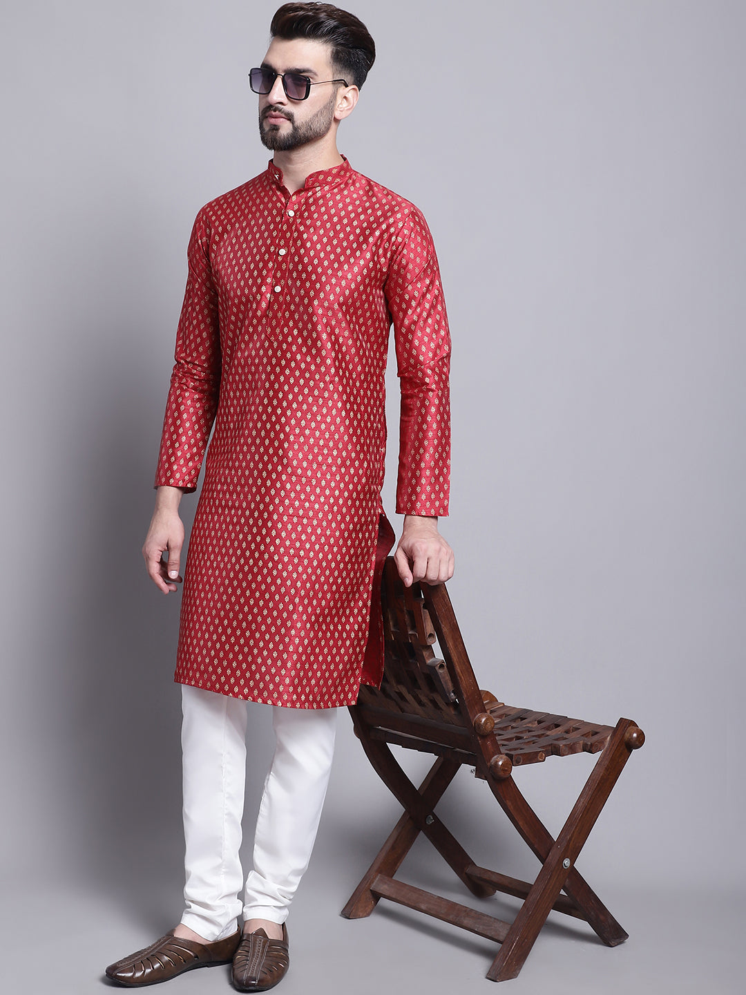 Men's Silk Blend Maroon Printed Long Kurta