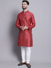 Men's Silk Blend Maroon Printed Kurta and Off White Pyjama Set