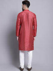 Men's Silk Blend Maroon Printed Kurta and Off White Pyjama Set