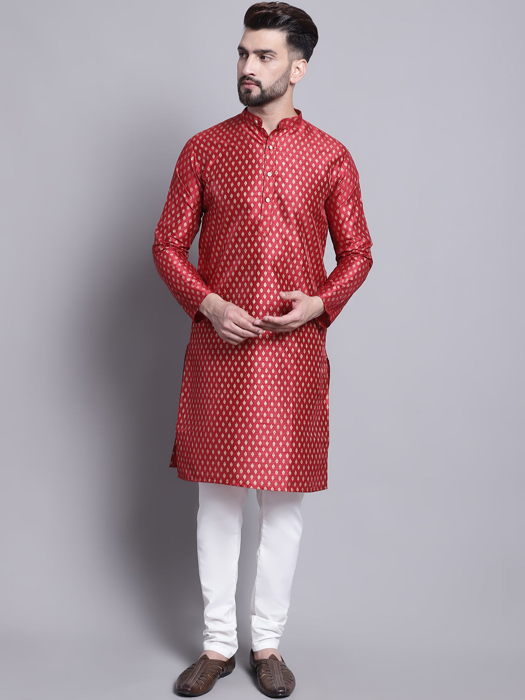 Men's Silk Blend Maroon Printed Kurta and Off White Pyjama Set