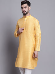 Men's Silk Blend Mustard Printed Long Kurta