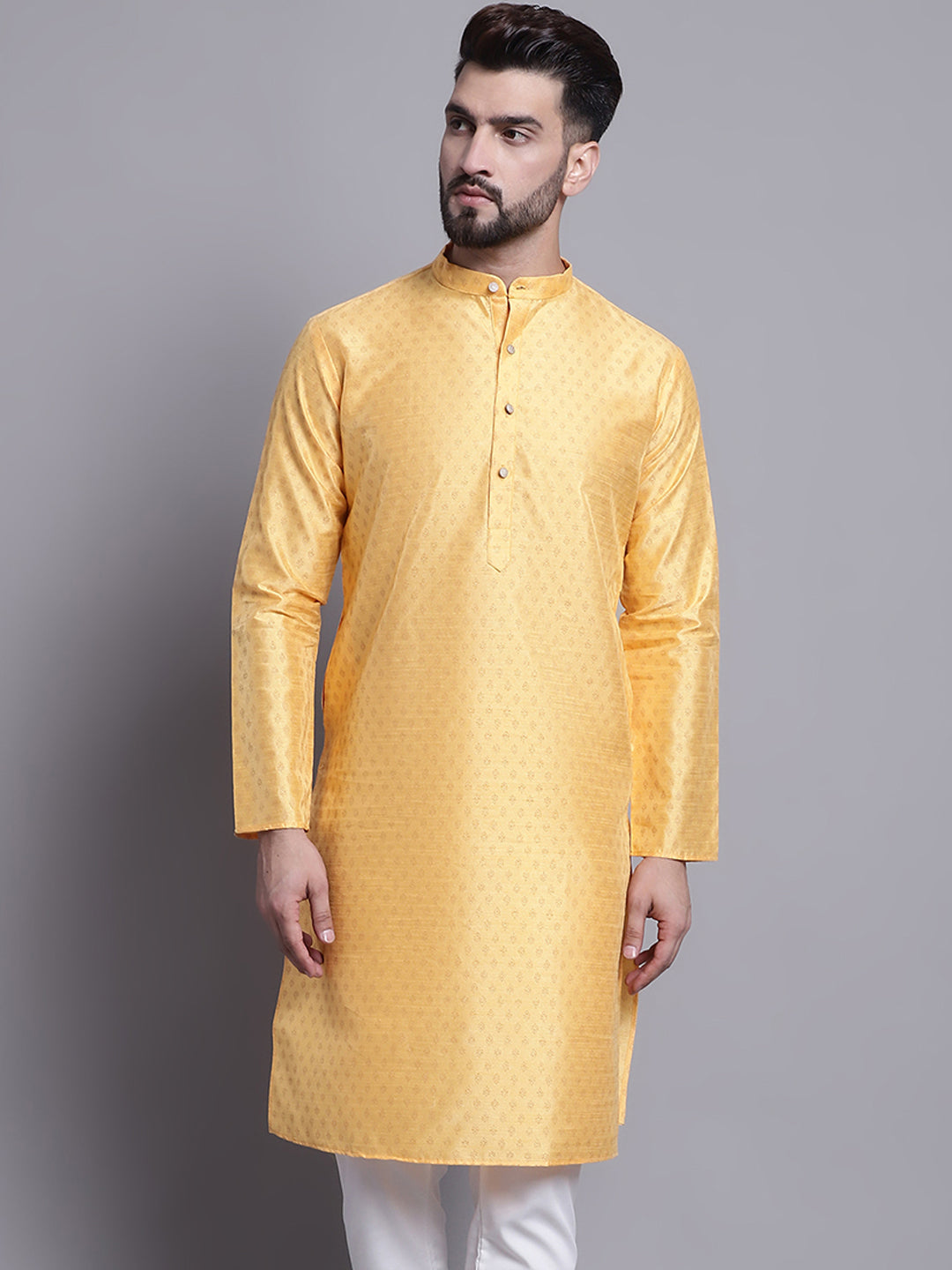 Men's Silk Blend Mustard Printed Long Kurta