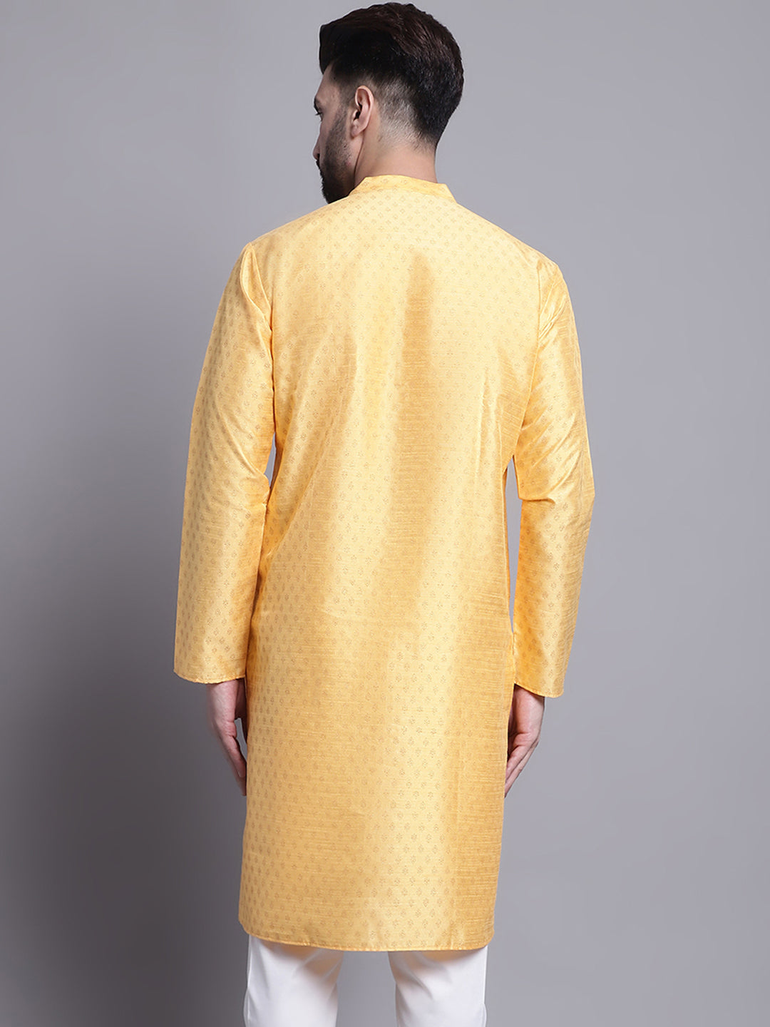 Men's Silk Blend Mustard Printed Long Kurta