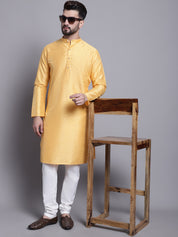 Men's Silk Blend Mustard Printed Long Kurta