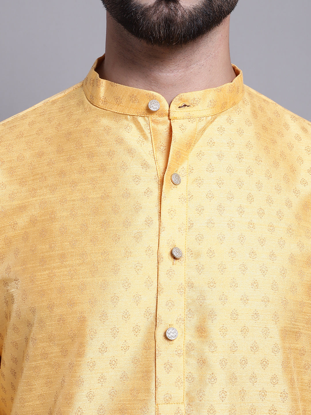 Men's Silk Blend Mustard Printed Long Kurta