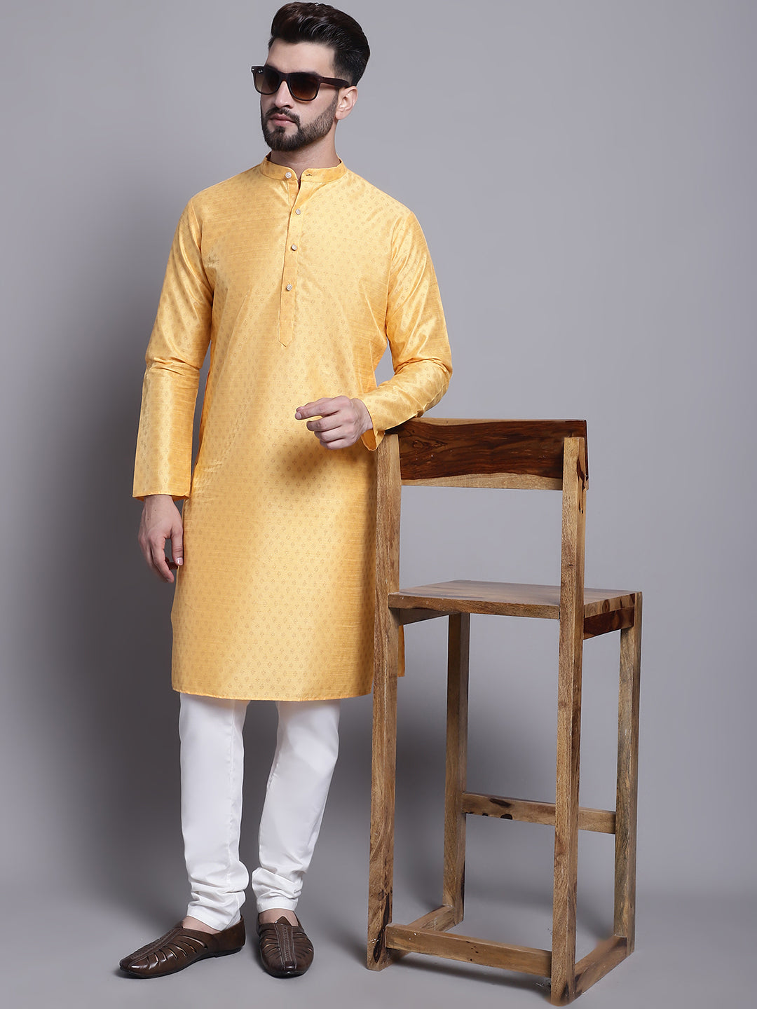 Men's Silk Blend Mustard Printed Kurta and Off White Pyjama Set