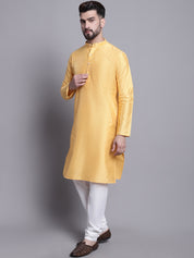 Men's Silk Blend Mustard Printed Kurta and Off White Pyjama Set