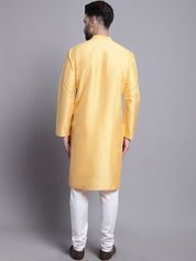 Men's Silk Blend Mustard Printed Kurta and Off White Pyjama Set