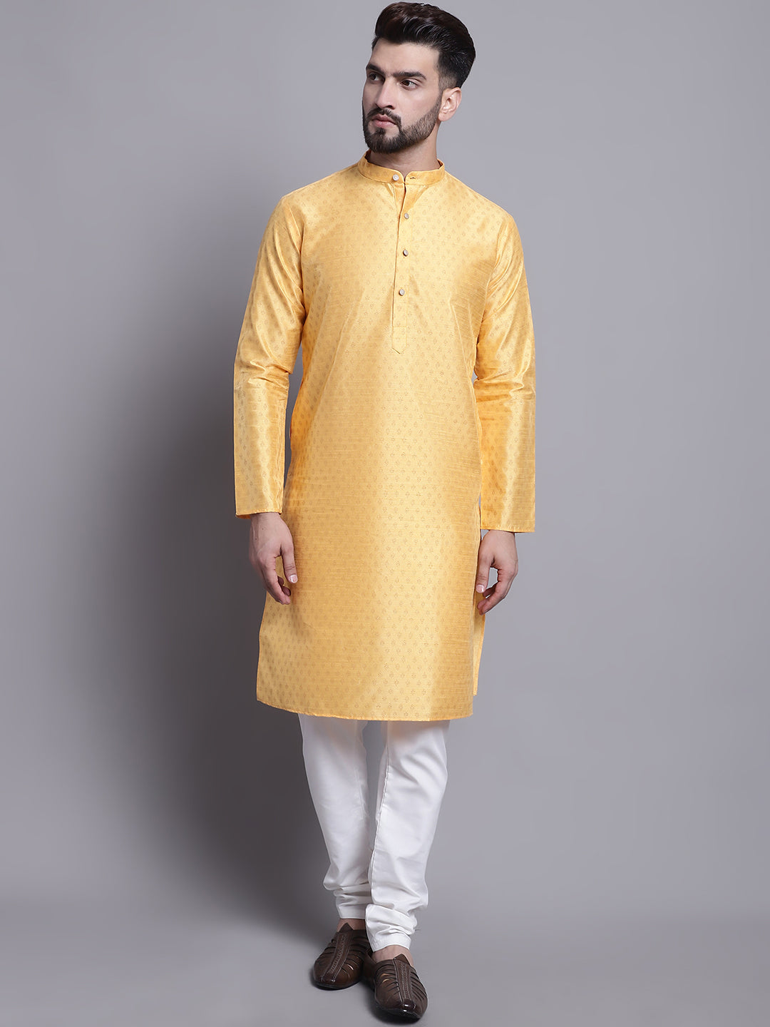 Men's Silk Blend Mustard Printed Kurta and Off White Pyjama Set