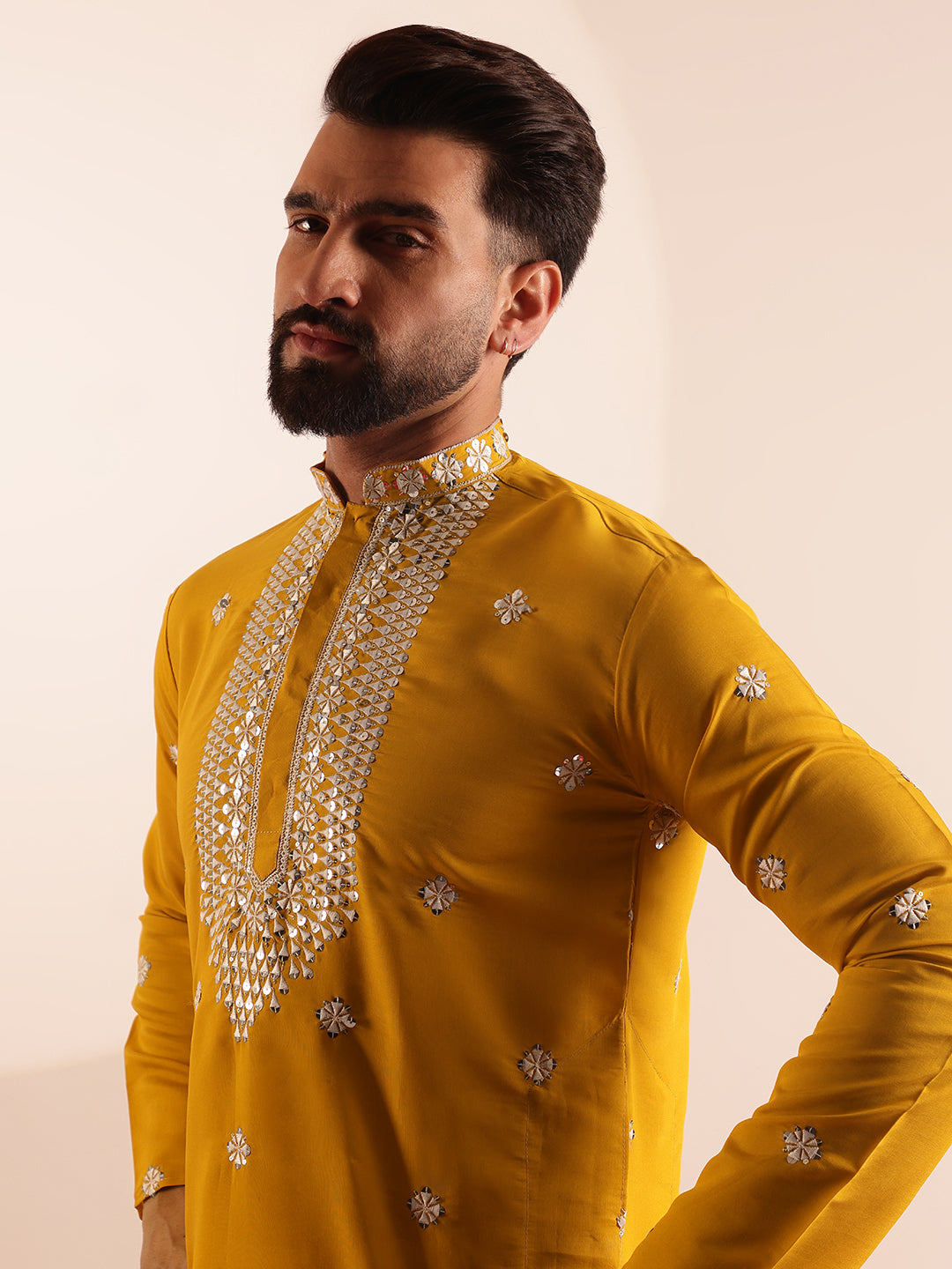 Men's Cotton Silk Exquisite Neck Embroidered Mustard Only Long Kurta