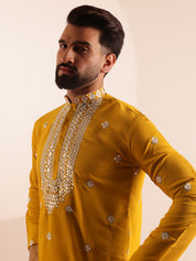 Men's Cotton Silk Exquisite Neck Embroidered Mustard Only Long Kurta