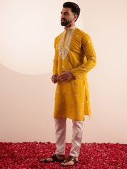 Men's Cotton Silk Exquisite Neck Embroidered Mustard Only Long Kurta