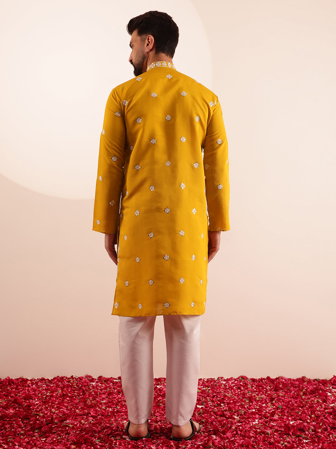 Men's Cotton Silk Exquisite Neck Embroidered Mustard Only Long Kurta