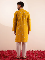 Men's Cotton Silk Exquisite Neck Embroidered Mustard Only Long Kurta
