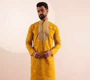 Men's Cotton Silk Exquisite Neck Embroidered Mustard Only Long Kurta