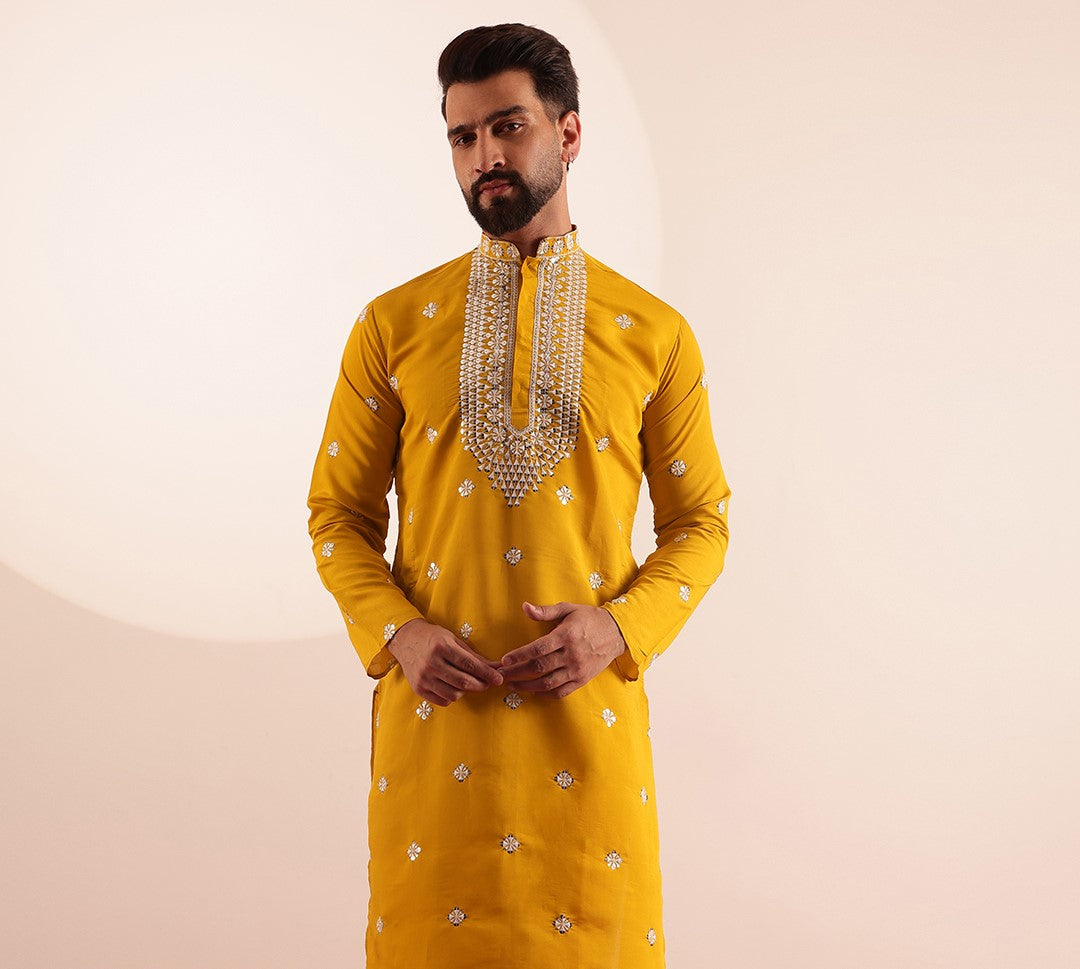 Men's Cotton Silk Exquisite Neck Embroidered Mustard Only Long Kurta