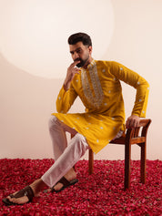 Men's Cotton Silk Exquisite Neck Embroidered Mustard Only Long Kurta