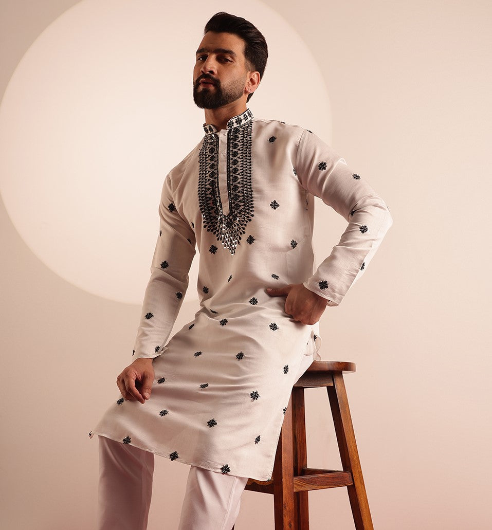 Men's Cotton Silk Exquisite Neck Embroidered White Only Long Kurta