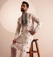 Men's Cotton Silk Exquisite Neck Embroidered White Only Long Kurta