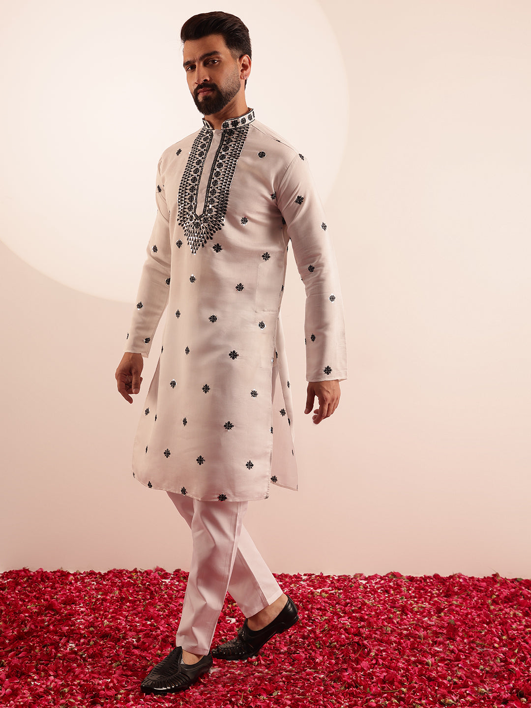 Men's Cotton Silk Exquisite Neck Embroidered White Only Long Kurta