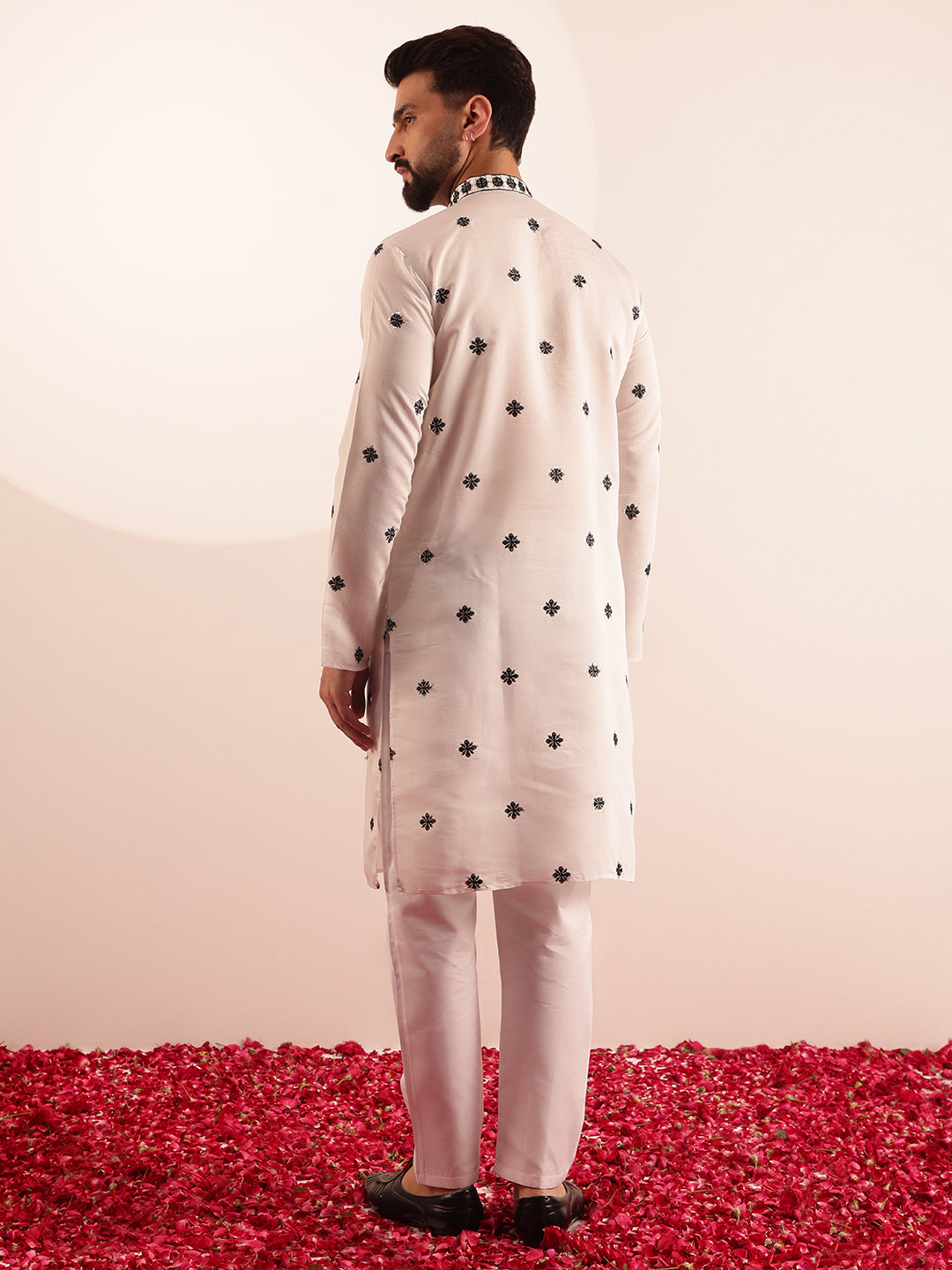 Men's Cotton Silk Exquisite Neck Embroidered White Only Long Kurta