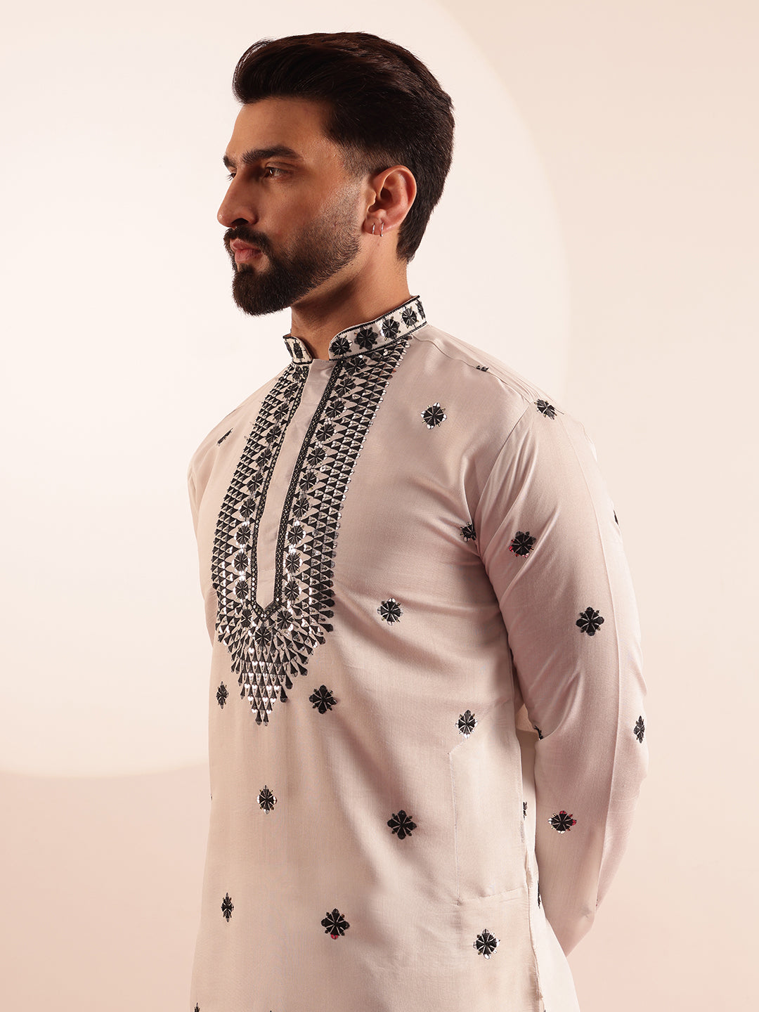 Men's Cotton Silk Exquisite Neck Embroidered White Only Long Kurta