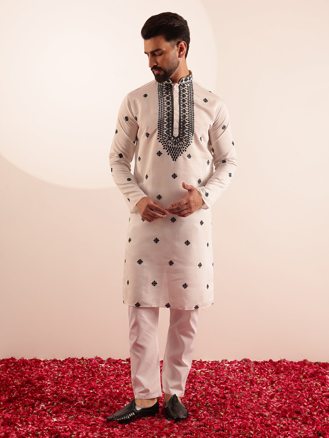 Men's Cotton Silk Exquisite Neck Embroidered White Only Long Kurta
