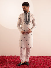 Men's Cotton Silk Exquisite Neck Embroidered White Only Long Kurta