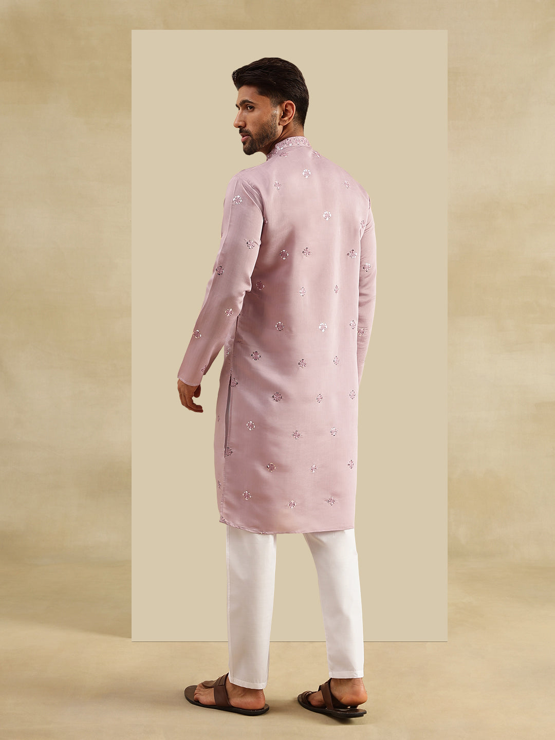 Men's Cotton Silk Exquisite Neck Embroidered Lavender Only Long Kurta