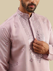 Men's Cotton Silk Exquisite Neck Embroidered Lavender Only Long Kurta