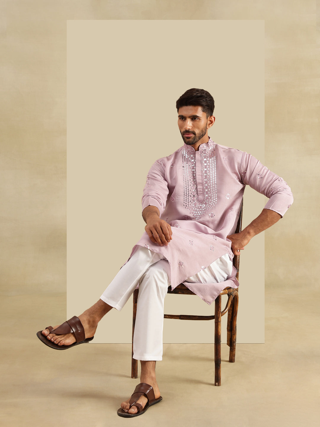 Men's Cotton Silk Exquisite Neck Embroidered Lavender Only Long Kurta