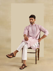 Men's Cotton Silk Exquisite Neck Embroidered Lavender Only Long Kurta