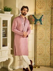 Men's Cotton Silk Neck Embroidered Lavender Kurta with White Pyjama