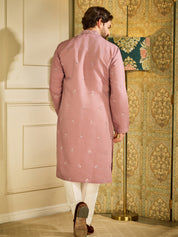 Men's Cotton Silk Neck Embroidered Lavender Kurta with White Pyjama