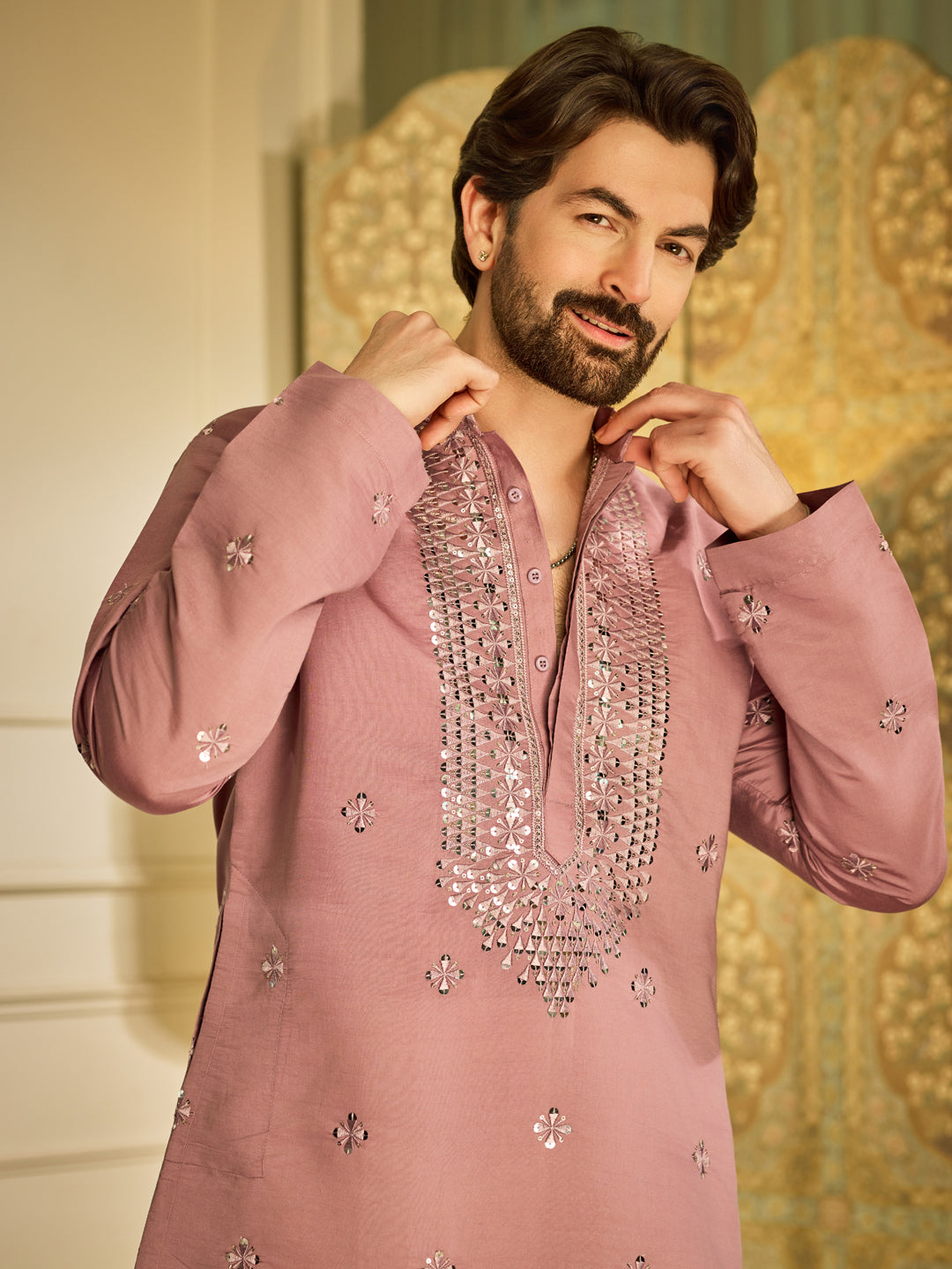 Men's Cotton Silk Neck Embroidered Lavender Kurta with White Pyjama