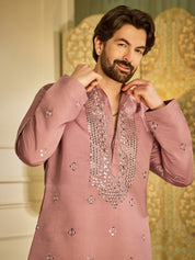 Men's Cotton Silk Neck Embroidered Lavender Kurta with White Pyjama